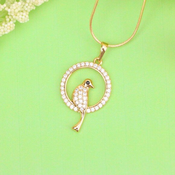 "Rose Gold Bird Pendant with Sparkling Crystals in Circular Frame, XPPT1525 - Picture 12 of 13